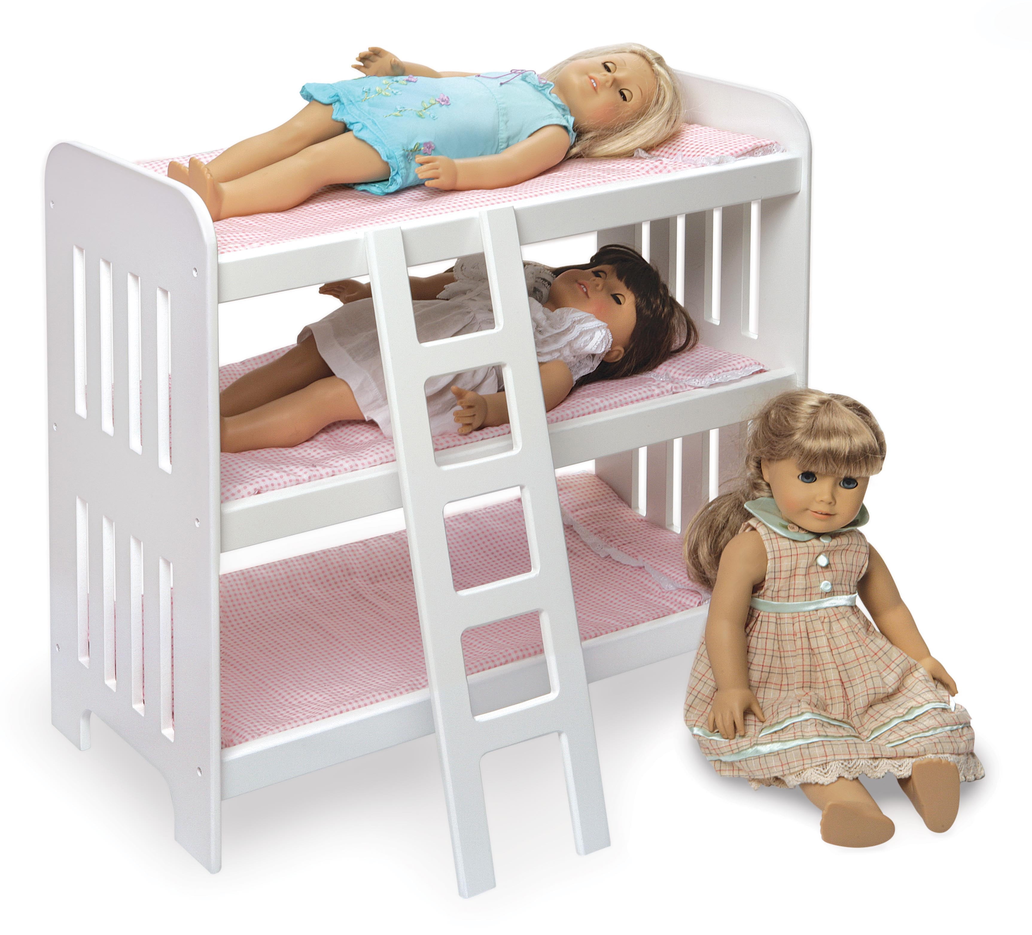 Triple Doll Bunk Bed W/ Ladder Bedding Pink Gingham Fits American