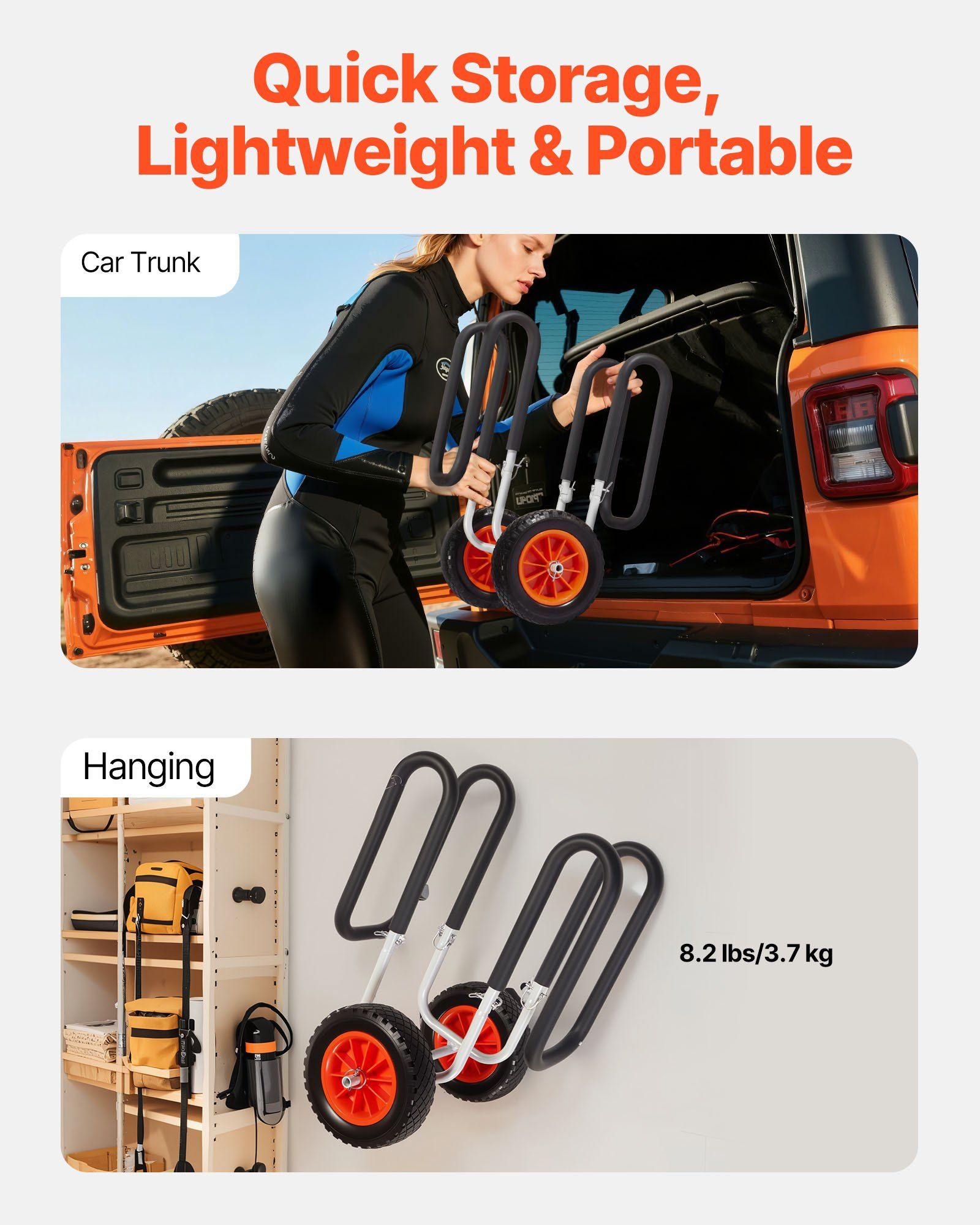 Kayak Cart 150 lb Capacity, 10" Solid Tires , Ratchet Strap for SUP & Surfboard Transport