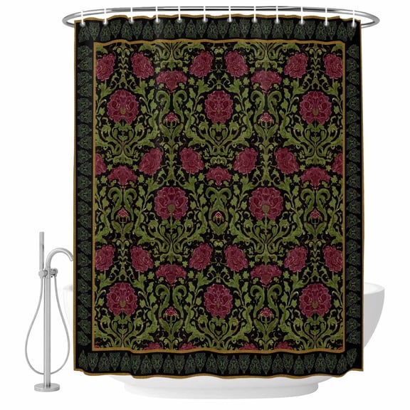 Vintage Red Roses Shower Curtain, Waterproof Shower Curtains for Bathroom, Abstract Art Floral Green Leaves Washable Fabric Bathtub Curtain Set Bath Decor with 12 Hooks Extra Long 72"x96"