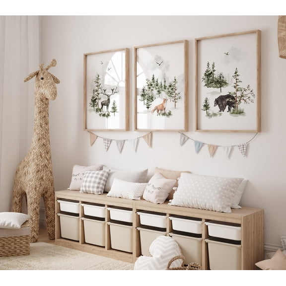 UNFFRAMED Nursery Decor Woodland, Mountain Wall Art, Tree Nursery Decor, Adventure Theme Nursery, Forest, Sage Green, Beige, Woodland Animals #392 Set 3 Prints 8x12