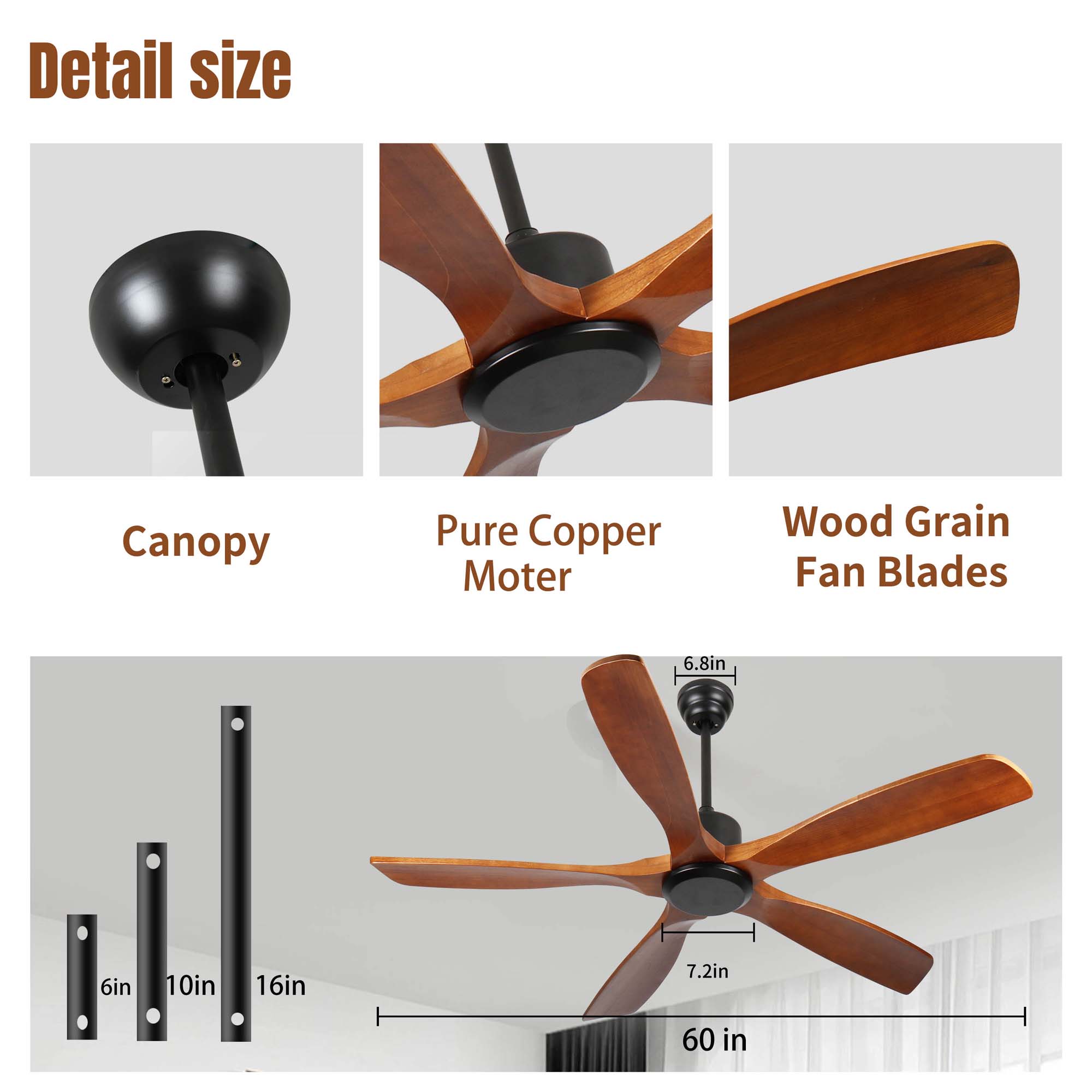 Miniyam 60 inch Wood Ceiling Fan No Light with Remote Control, Low Profile Ceiling Fan without Light, Noiseless Reversible DC Motor with Timer