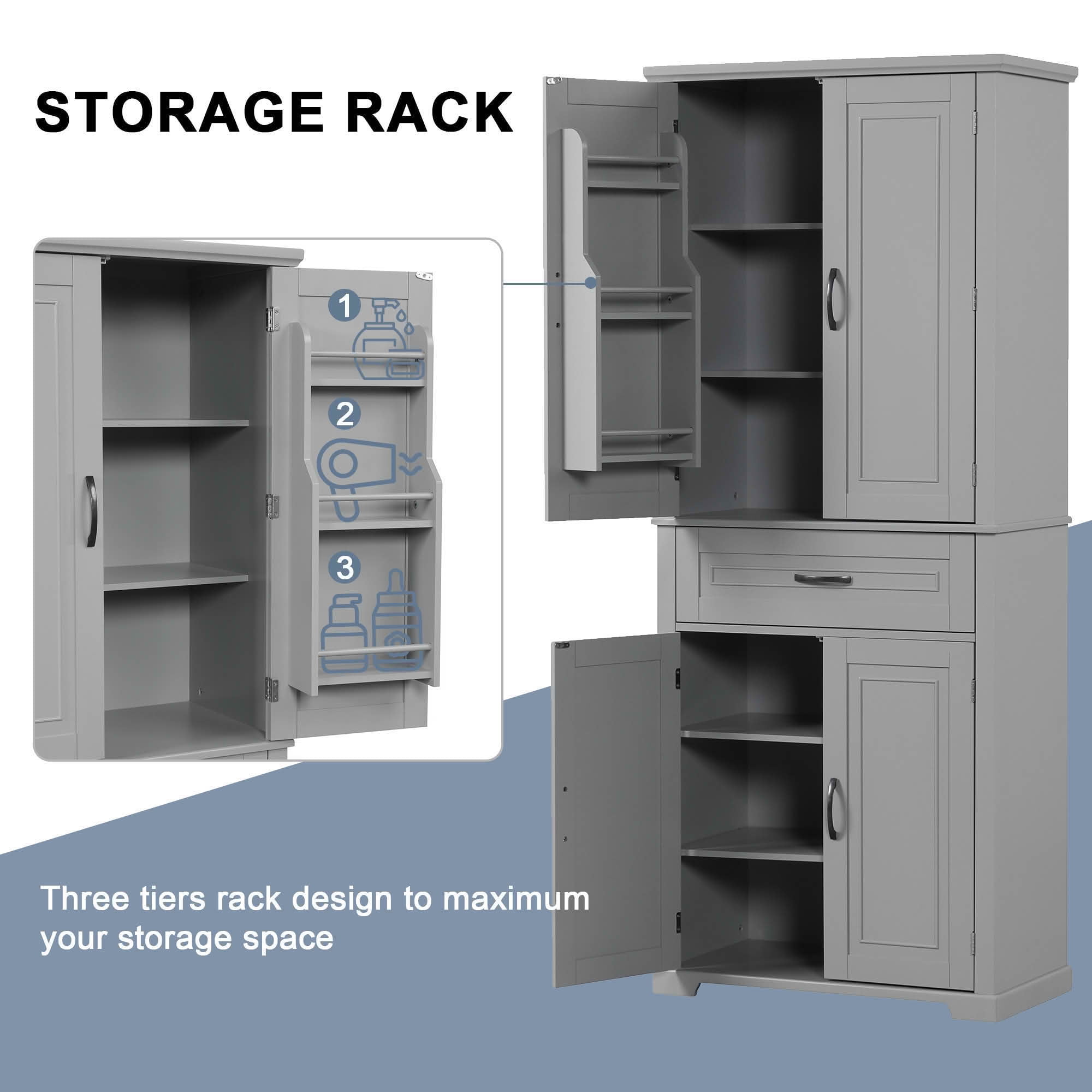 MAYEERTY Bathroom Cabinet Doors Drawer Multiple Storage Adjustable Shelf Gray