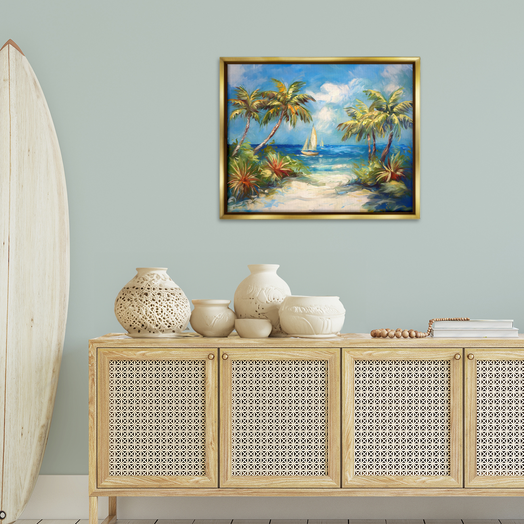 Stupell Industries Tropical Paradise Harbor Coastal Painting Gold Floater Framed Canvas Art Print Wall Art, 31 x 25