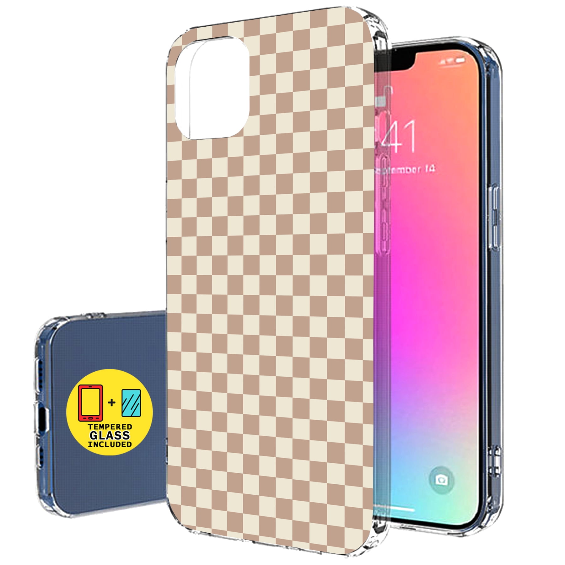 TalkingCase Slim Case for Apple iPhone 14 Pro, Thin Gel Tpu Cover With Tempered Glass Screen Protector, Beige Gingham Plaid Print,Light Weight, Flexible, Soft, Anti-Scratch,Printed in USA