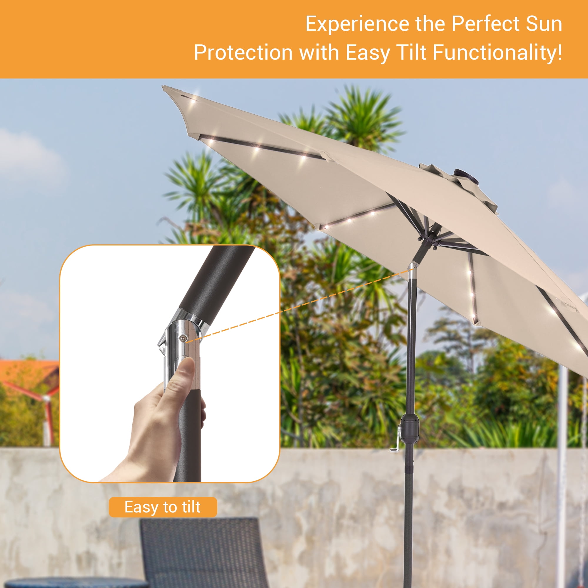 ACEGOSES 10Ft Solar-powered Large Round Outdoor Patio Market Umbrella with Crank, Beige