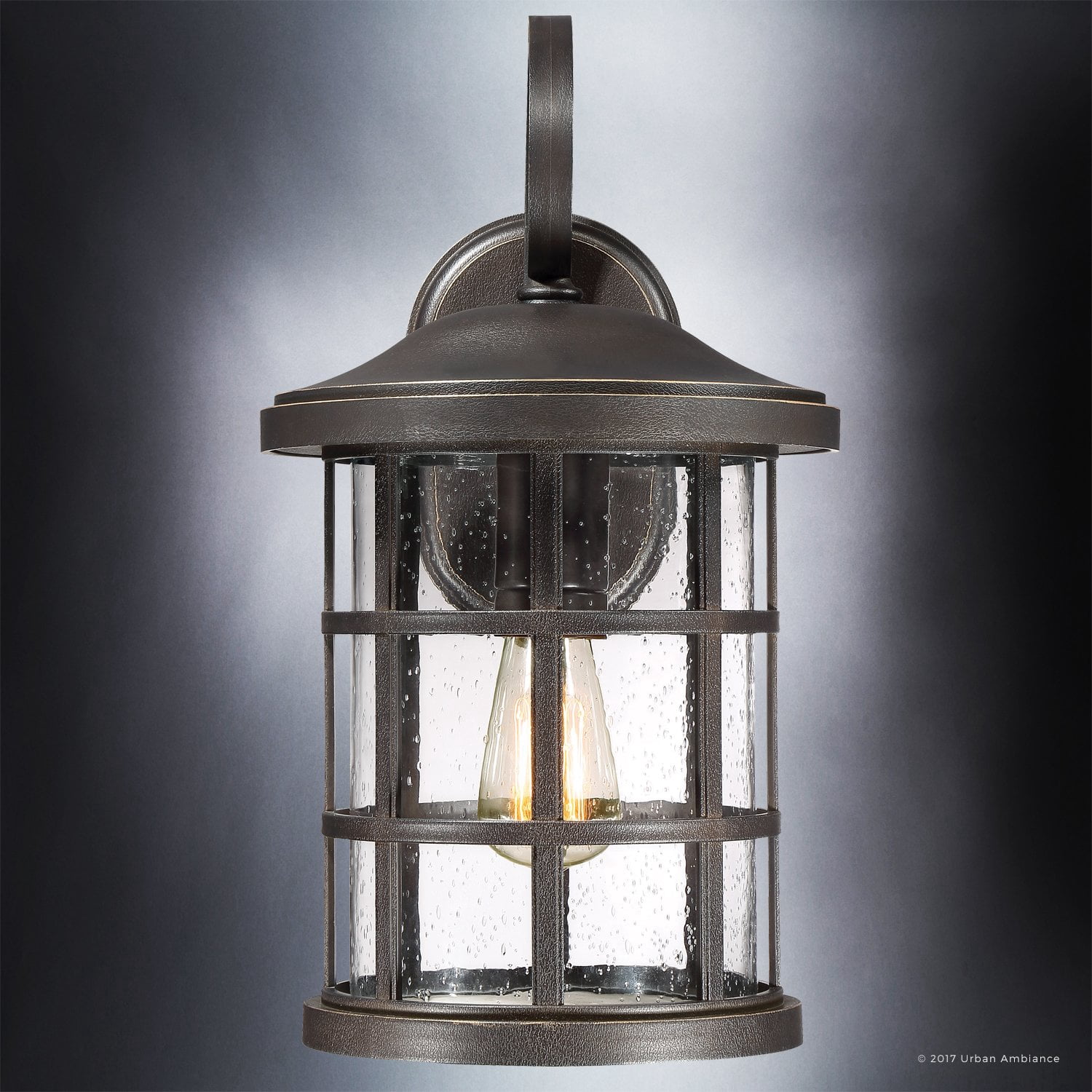 Urban Ambiance Luxury Craftsman Outdoor Wall Light, Medium Size: 17.75"H x 10"W, with Tudor Style Elements, Wrought Iron Design, Oil Rubbed Parisian Bronze Finish and Seeded Glass, UQL1045