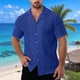 thumbnail image 2 of Mens Casual de Manga Corta Botón Abajo Camisas Cuello Turndown Color Sólido Botón Blusa, Suelto Ajuste Poliéster Camisa de Verano, Lavado de Manos Casual, 2 of 7