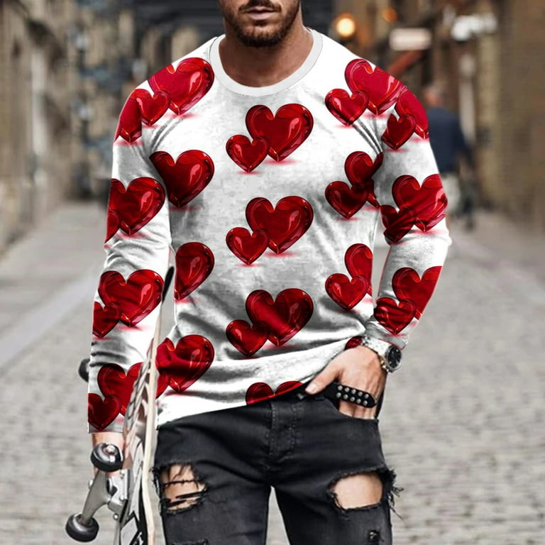 jsaierl Mens Shirts Long Sleeve 3D Heart Graphic Tee Casual Crew