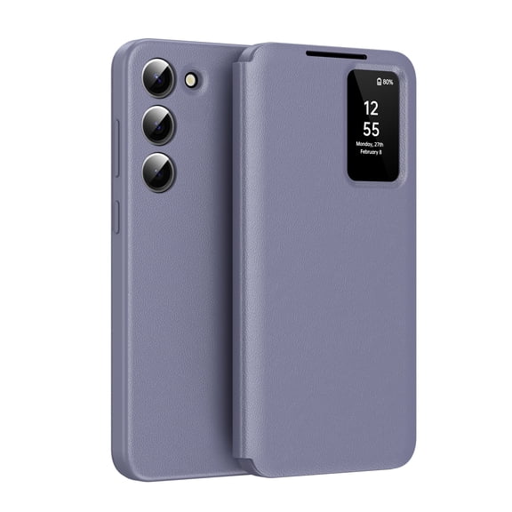 For Samsung Galaxy S23 Case PU Leather Flip Case,With Intelligent Window,With Card Holder,Anti-fall Rugged Shockproof Protective Phone Case Cover for Samsung Galaxy S23,Purple