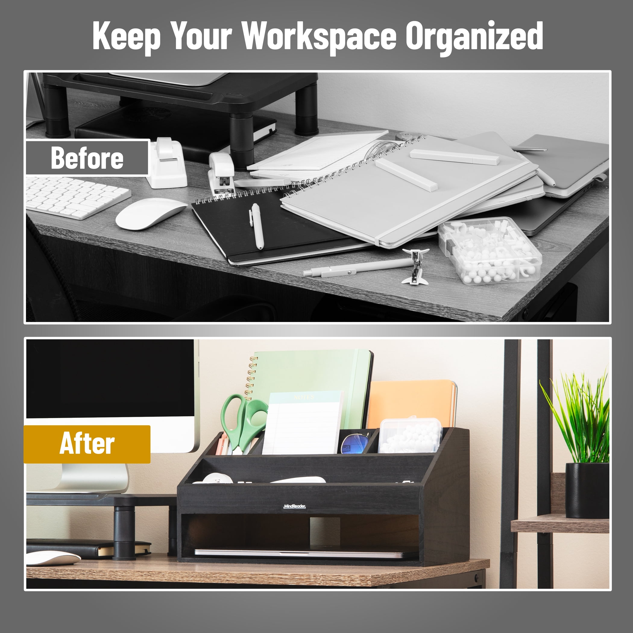 Mind Reader Desk Organizer, File Storage, Accessory Holder, Cord Management, Office, Wood, Black