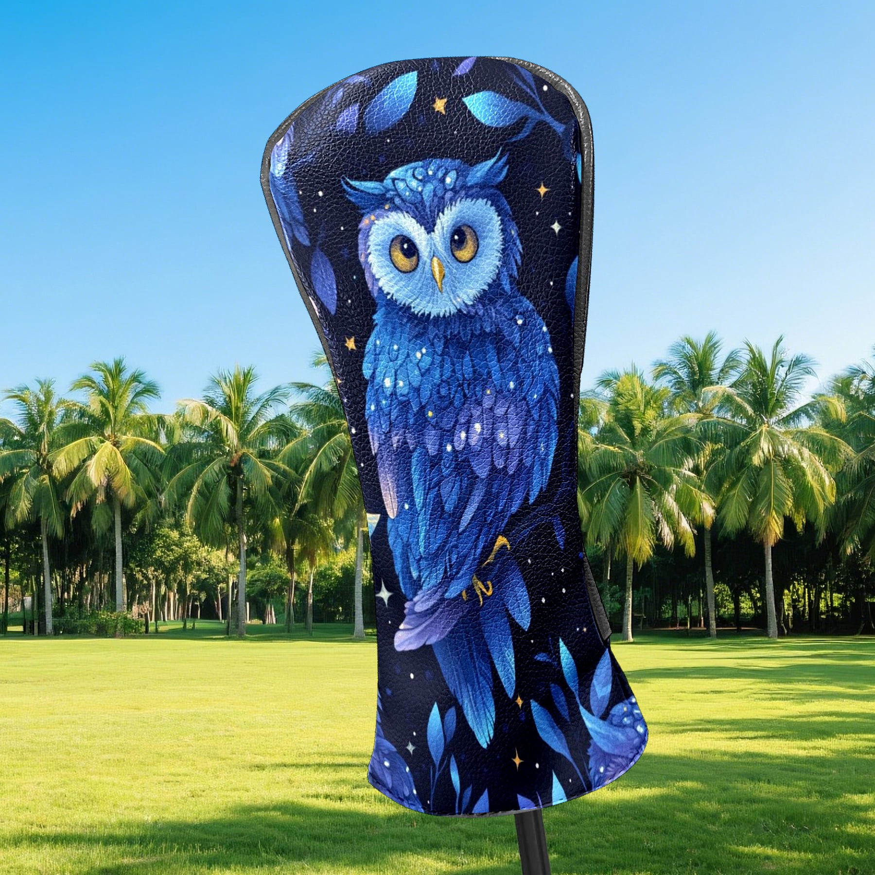 Golf Club Head Covers - Blue Owl Design, PU Leather, Waterproof, Fits Fairway Woods/Hybrid, Unisex, Fits Most Brands