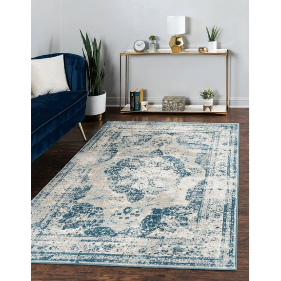 Rugs.com Monte Carlo Collection Rug – 6' x 9' Blue Medium Rug Perfect For Living Rooms, Large Dining Rooms, Open Floorplans