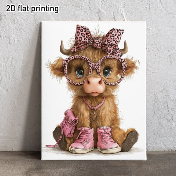 [Cute Highland Cow Art] Cute Highland Cow Canvas Wall Art | 1pc Framed with Leopard Bow Glasses & Sneakers - Large-Eye Scottish Cow Nursery Decor, Kids Room, Baby Shower Gift,