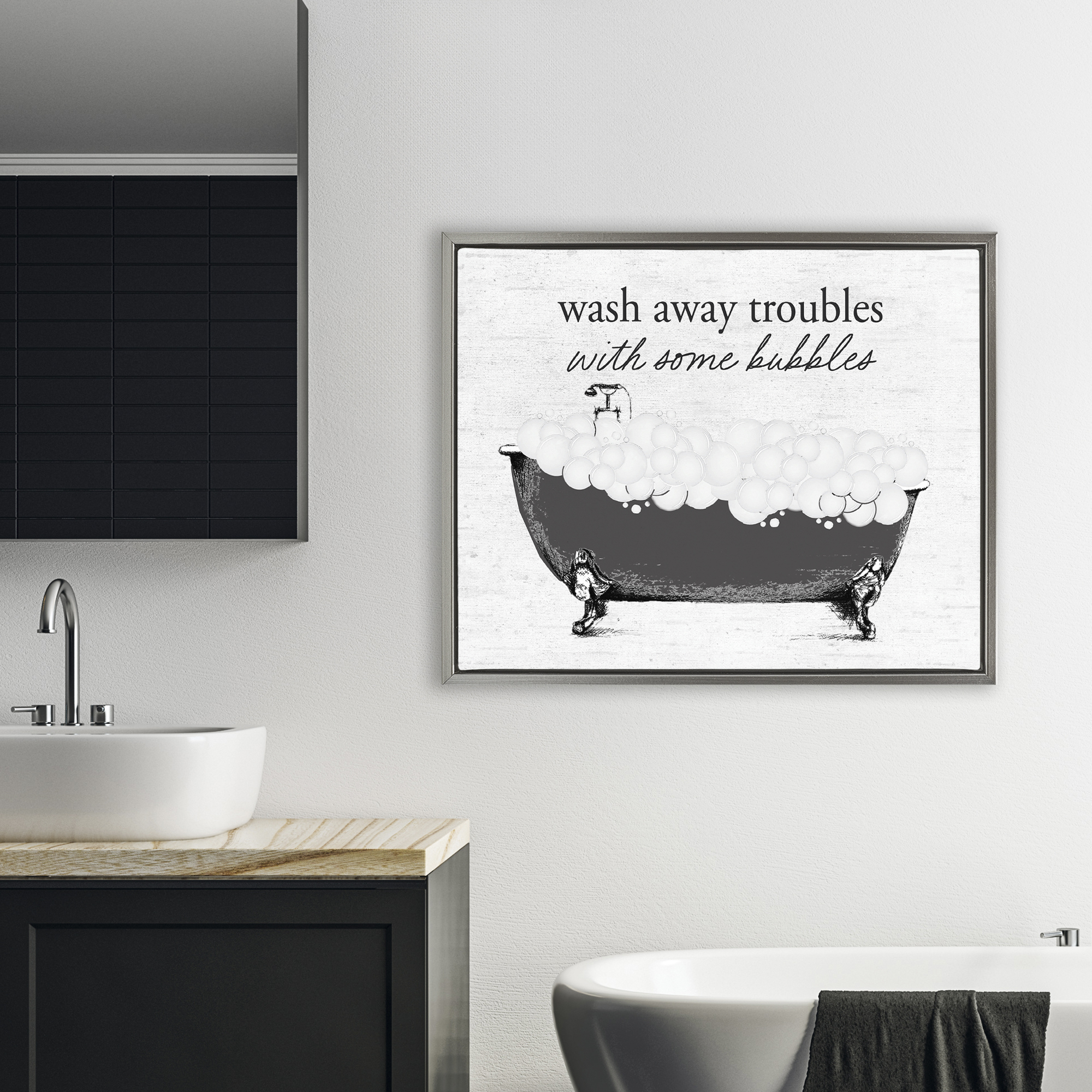 Uplifting Bubble Bath Rhyme Gray Framed Floater Canvas Wall Art, design by Lettered and Lined
