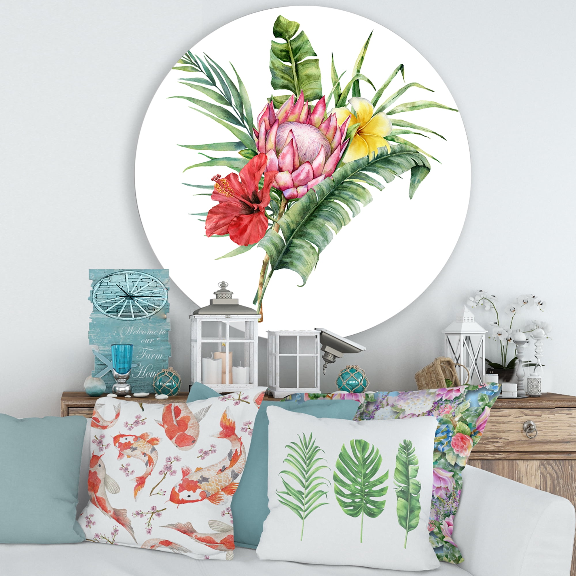 Designart 'Flowers Bouquet With Protea Plumeria Hibiscus' Traditional Circle Metal Wall Art 36x36 - Disc of 36