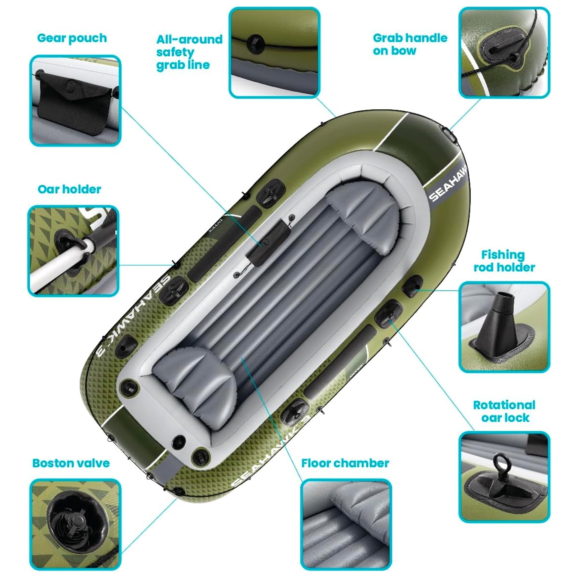 INTEX 66333EP Seahawk 3 Inflatable Boat Set with 54" Oars, Pump, & Fishing Rod Holders