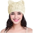 thumbnail image 1 of Lindo gorro de lana tejido con orejas de gatito para mujer, niña y niña, gorro de crochet con orejas de gato en color beige., 1 of 5