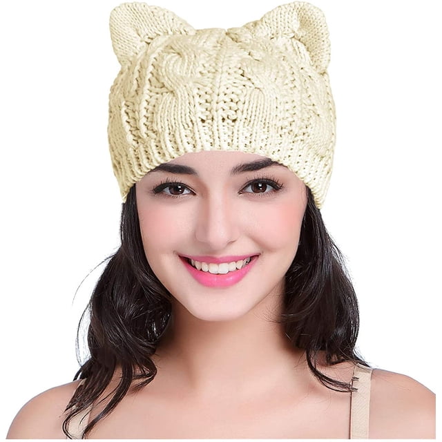 Lindo gorro de lana tejido con orejas de gatito para mujer, niña y niña, gorro de crochet con orejas de gato en color beige.