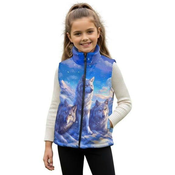 Pzuqiu Wolf Kids Outerwear Vest 2T Toddler Boy Clothes Stretchy Casual Fall Winter Warm Outerwear With Pockets Vest Zip Up Sleeveless for Boy Soft for Teens Girls Boys Kids