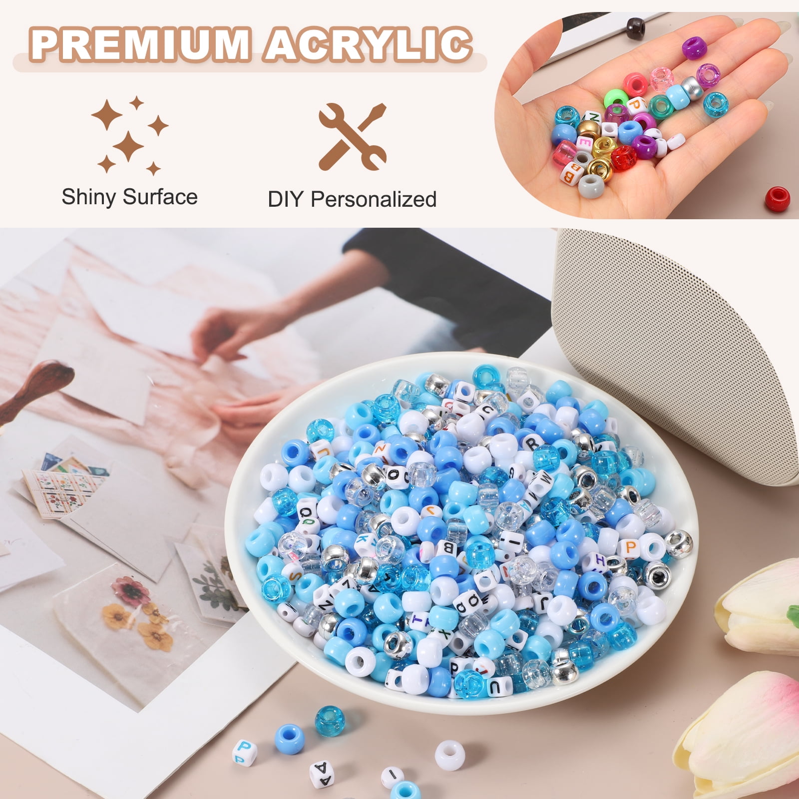 Uxcell 1000 Pcs Pony Beads 6 x 9 mm Acrylic Friendship Bracelet Making Kit with Letter Bead, Light Blue