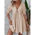 thumbnail image 6 of Womens V Neck Front Tie Mini Dress with Puff Sleeves 100% Cotton Lightweight Everyday Wear versatile daily essential, 6 of 22