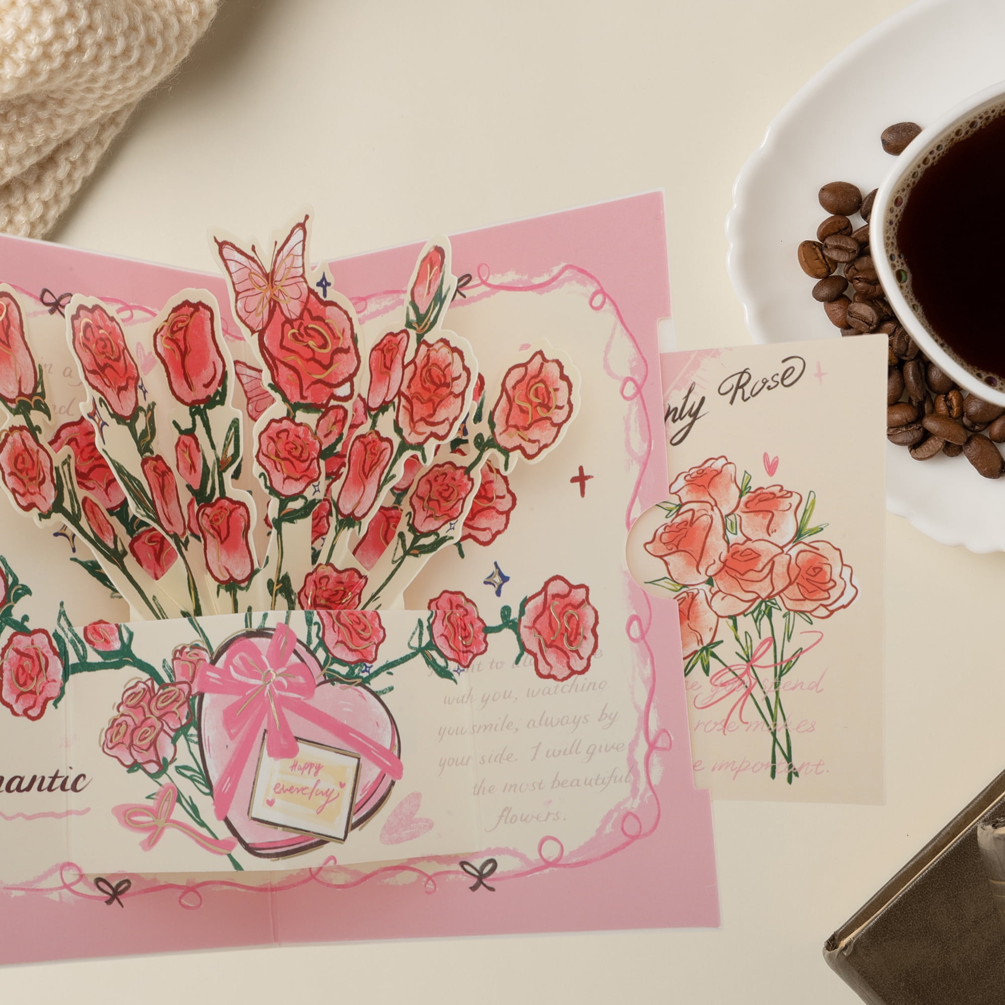 Unique Bargains Floral Pops Up Card 3D Greeting Cards with Envelope Pink Bouquet