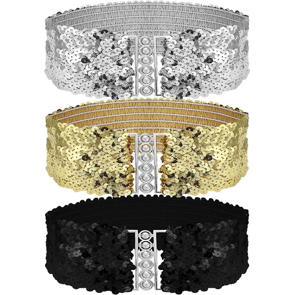 3 Pieces Sequin Belt Dress Belts For Girls, Gold Wide Waist Belt Elastic Stretch Waistband Cinch Belt Metal Buckle For 70s 80s Costume Party Disco Par