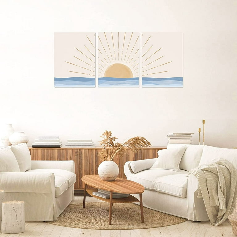 Boho Wall Art Set of 3, Neutral Geometric Sun Rising on the Sea