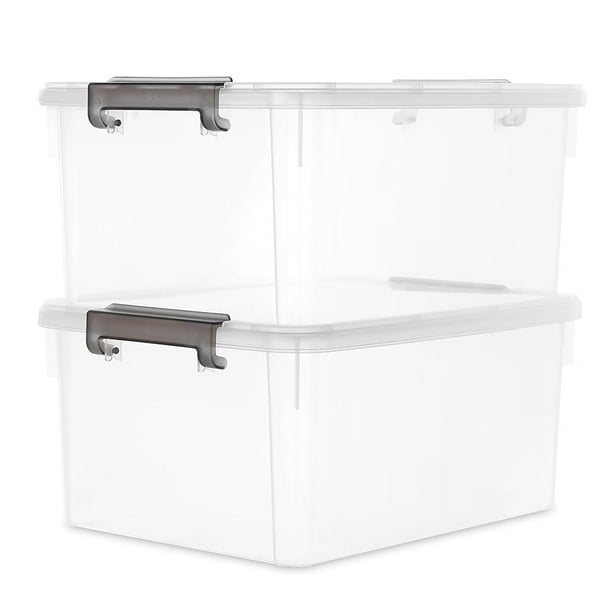 Contenedores de almacenamiento de plástico de 17 cuartos de galón con tapas con pestillo, contenedores de almacenamiento apilables para organizar, caja de almacenamiento grande transparente para