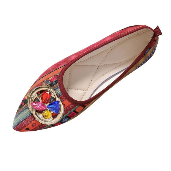 Xfvqtps Ethnic Flats Womens Boho Shoes Pointed Toe Rhinestone Embellished Comfortable Casual Slip on Flats Colorful Bohemian Footwear for Women Red