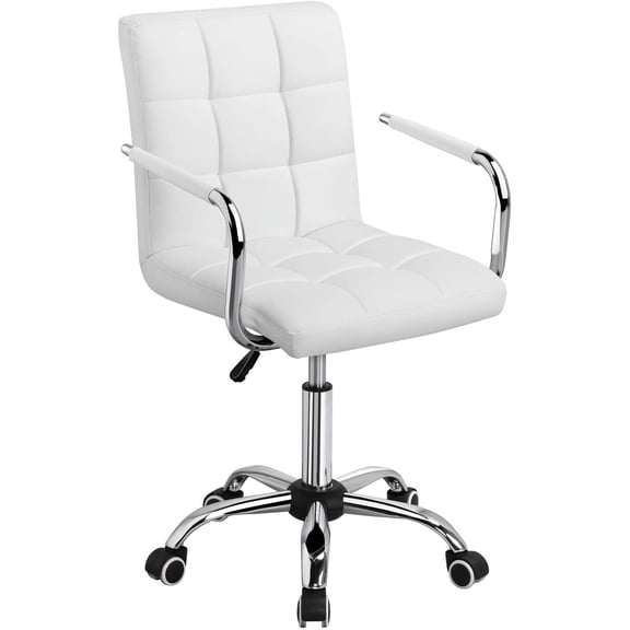LibraMAl White Desk Chairs with Wheels/Armrests Modern PU Leather Office Chair Midback Adjustable Home Computer Executive Chair 360° Swivel