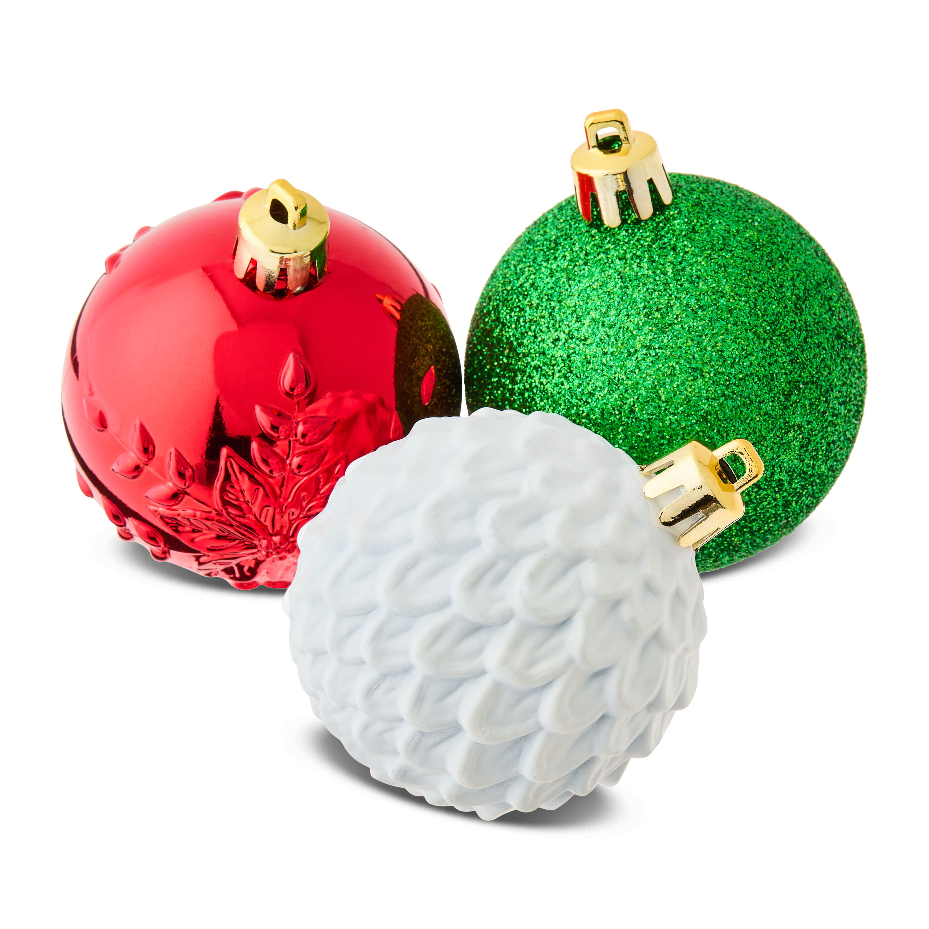 24-Count Red, Green, and White Shatterproof Multi-Textured Christmas Ornaments, 2.36 in, by Holiday Time