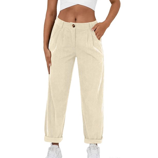 Women's Corduroy Casual Wide-Leg Cargo Pants, High-Waisted, Pleated, Loose Fit with Pockets Yellow XXXL