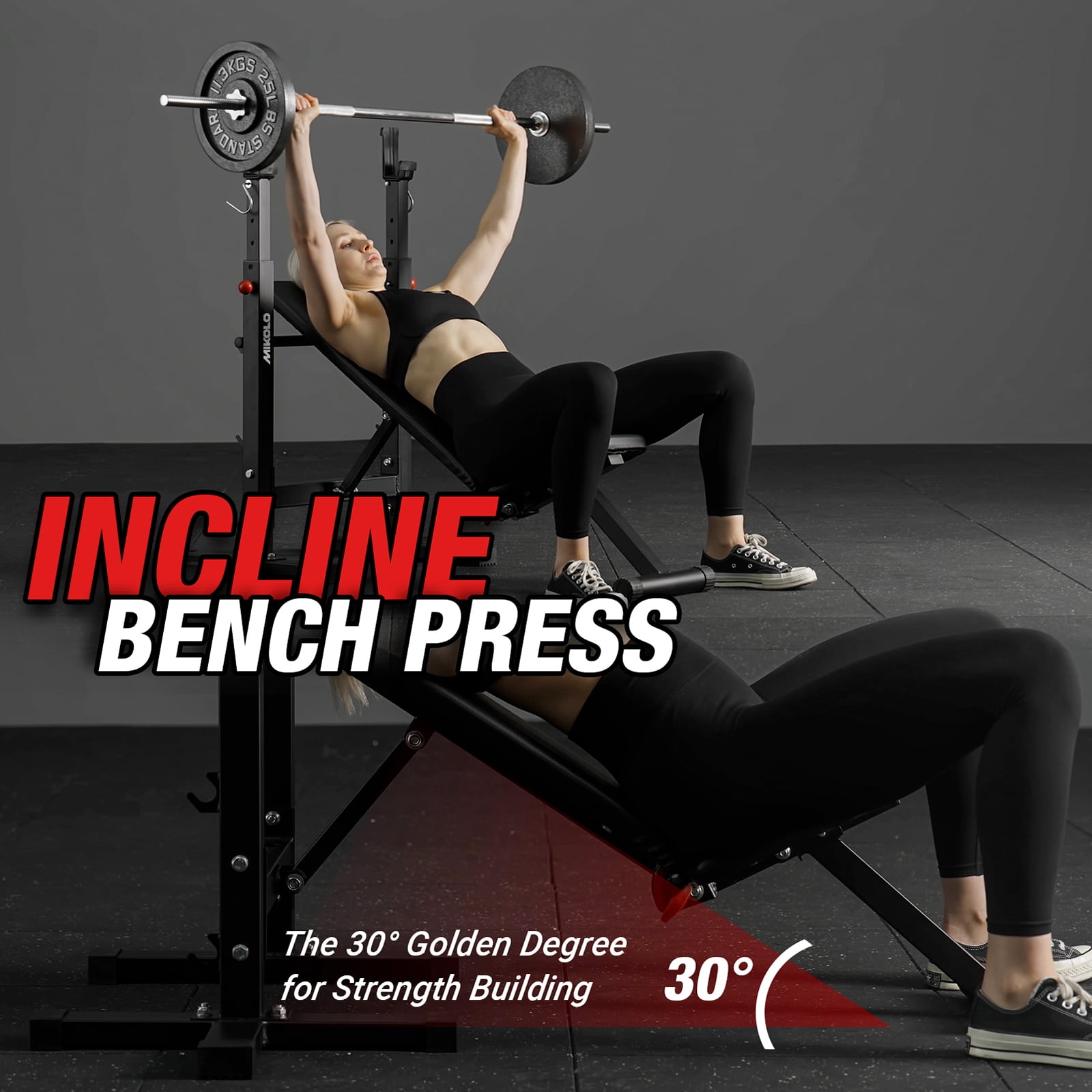 Mikolo Adjustable Weight Bench, 660LBS Foldable Bench Press with Squat Rack, Multi-functional Adjustable Flat Incline Bench for Chest, Shoulder Home Gym Equipment, Black
