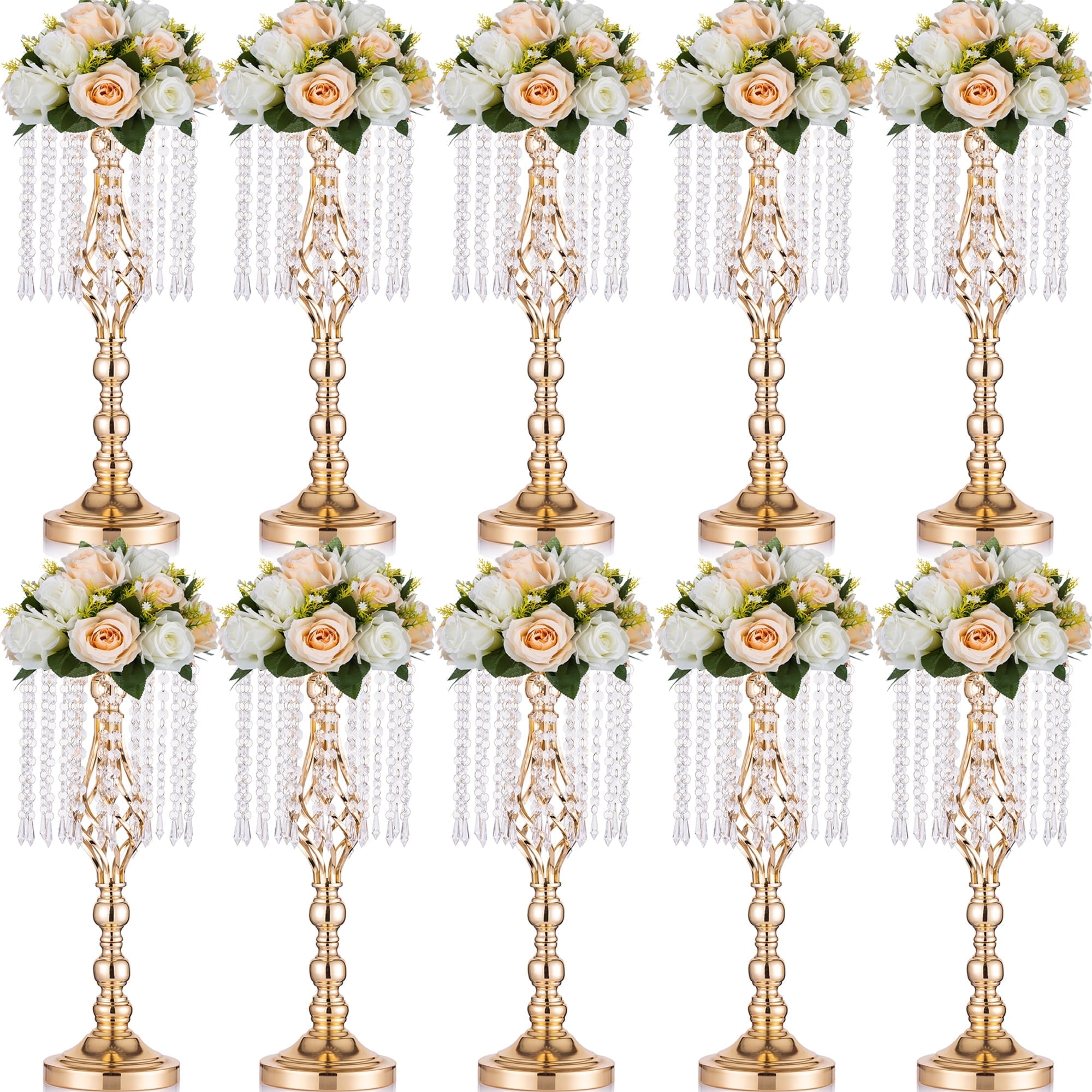 Nuptio 21.7in/55cm Tall Crystal Gold Wedding Centerpiece Table Vase Decor， Elegant Flower Stand Table Floor Decoration for Birthday Party Event Wedding Reception Bulk 10pcs
