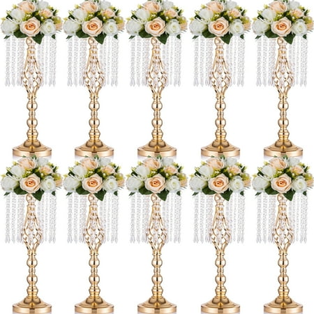 Nuptio 21.7in/55cm Tall Crystal Gold Wedding Centerpiece Table Vase Decor， Elegant Flower Stand Table Floor Decoration for Birthday Party Event Wedding Reception Bulk 10pcs