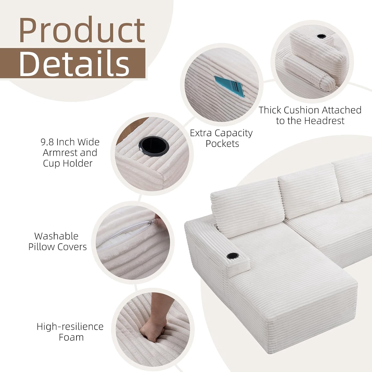 134" Compressible U Shaped Modular Sectional Sofa Set, Minimalist Corduroy Cloud Couch for Living Room, No Assembly Required
