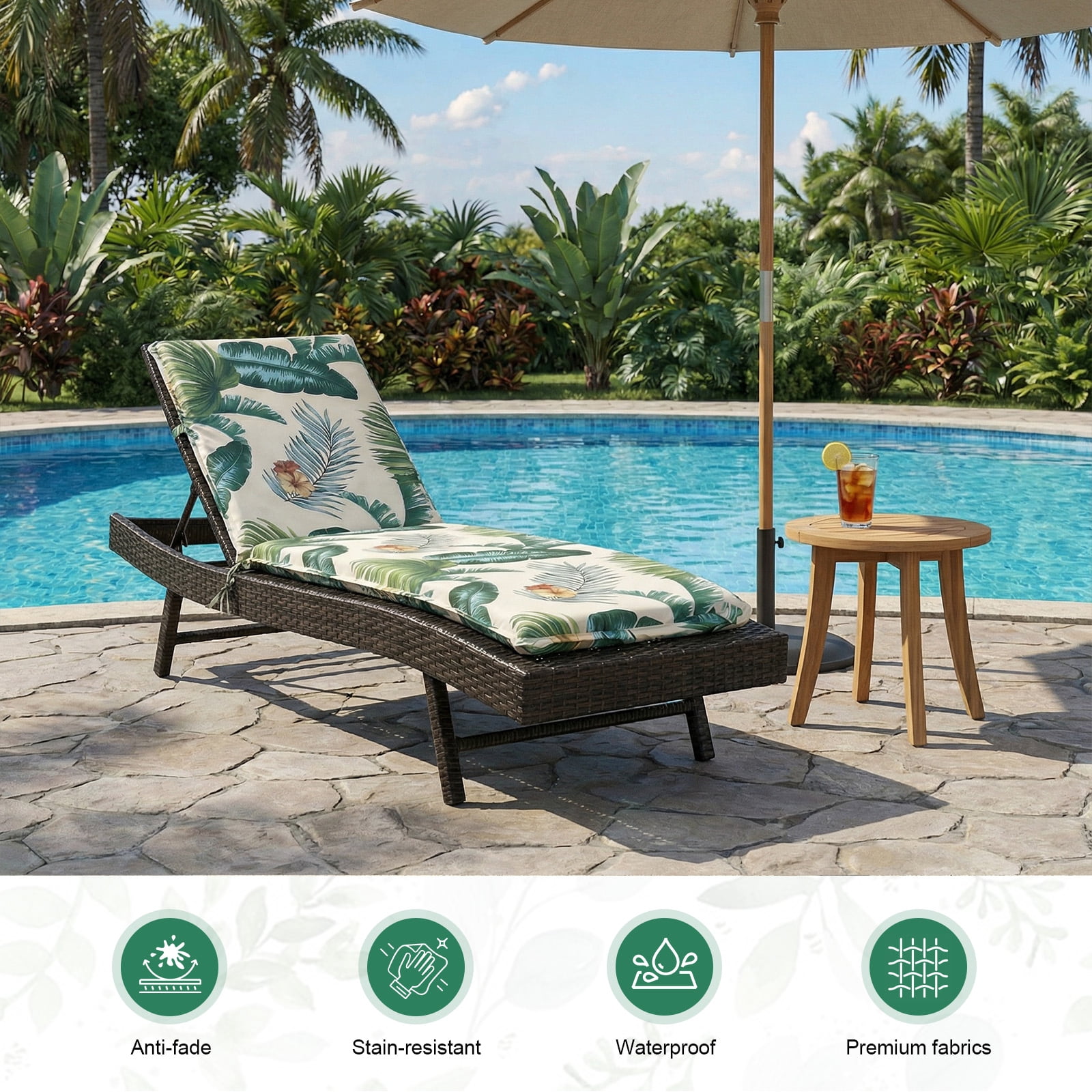 Eurhowing Outdoor Chaise Lounge Cushion 76"×23"×3", Waterproof Thick Patio Furniture Cushions with Straps, High-Density Foam Chair Pads for Poolside & Deck, 1 Pack, Hawaiian