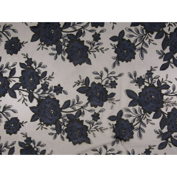Minerva Embroidered Lace Fabric Navy Blue - per yard
