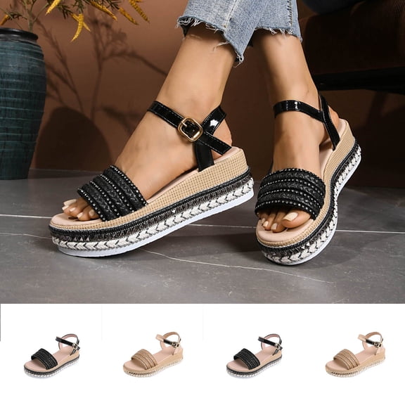 Tbopshirt Wedge Sandals for Women Dressy Summer Plus Size Buckle Strap Open Toe Wedge Heel Trendy Comfortable Solid Color Casual Beach Vacation