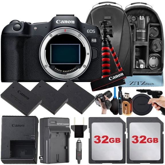 Canon EOS R8 Mirrorless Camera (Body Only) with 2 Pack 32GB Memory Card   3 Pieces Battery   Backpack   Tripod   ZeeTech Accessory Bundle (International Version)