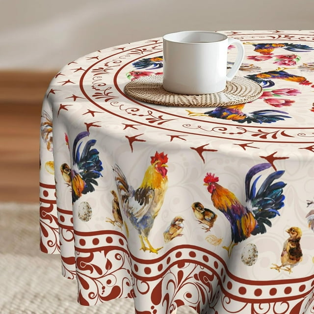 Rooster Round Tablecloth Chicken Wrinkle Resistant Table Cover Farmhouse Pink Floral Tabletop Decoration Table Cloth 60 Inch for Dining Kitchen Picnic Party Decor