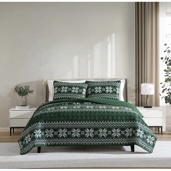 Lenox Holiday Quilt Set,Snowflake Check Green, Full/Queen