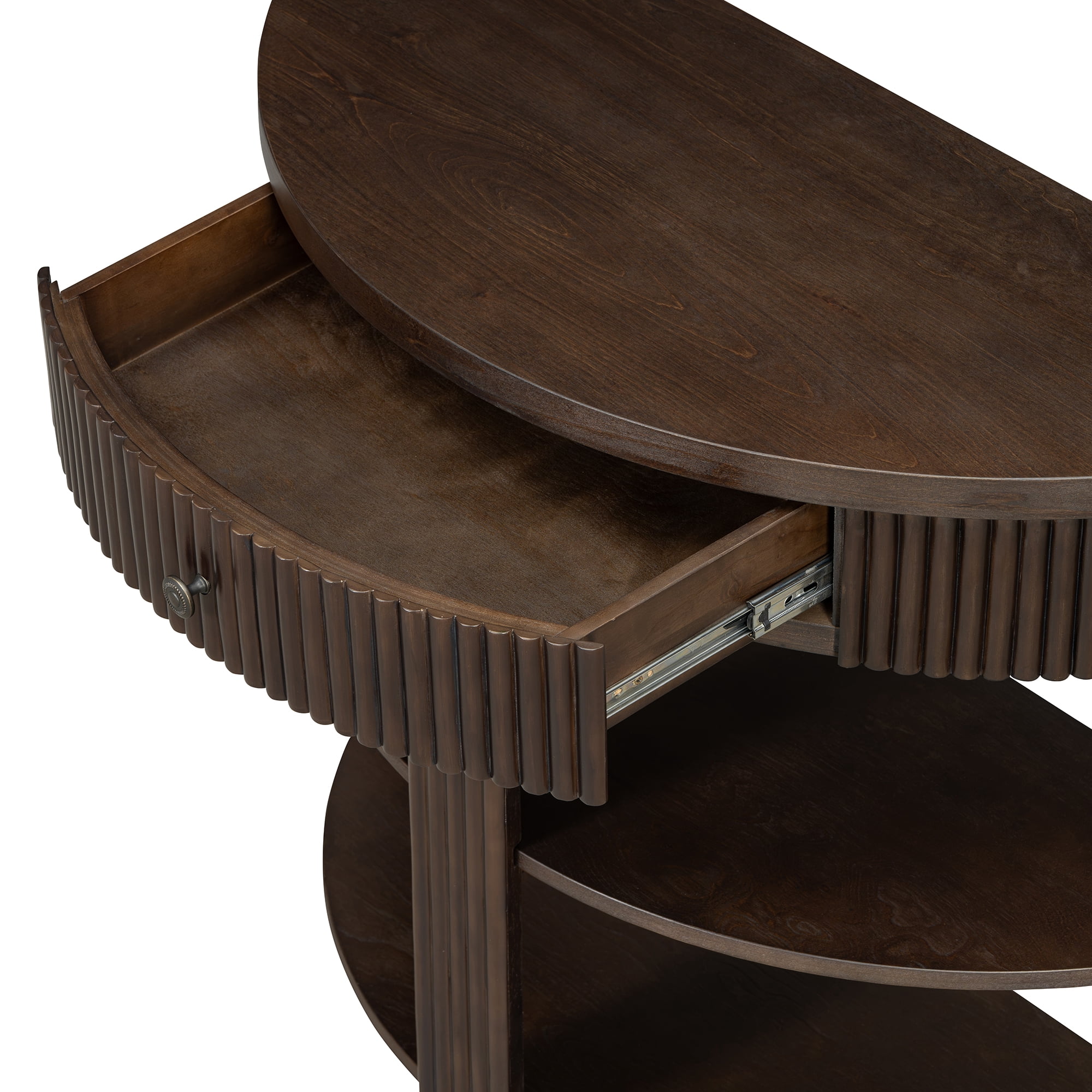 Fluted Half Moon Console Table with Drawer and 2 Shelves for Entryway, Living Room and Hallway (Espresso)