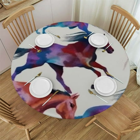 

Watercolor Horse Round Fitted Tablecloth Elastic Edge Table Cover