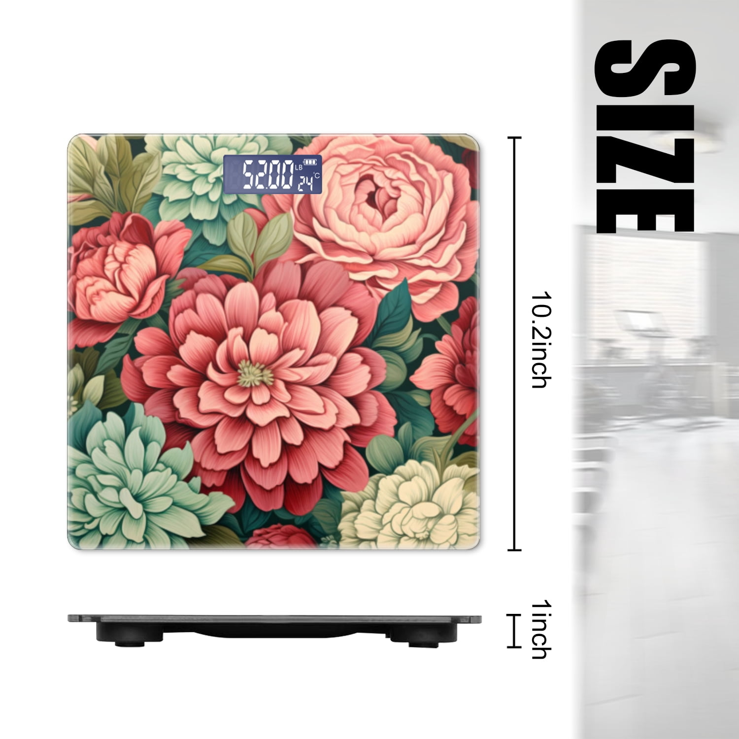 Bathroom Scale, Highly Accurate Digital Body Scale,Precisely Measures Weight up to 400 lbs-Vintage Floral Pattern With Large Peonies And Chrysanthemums
