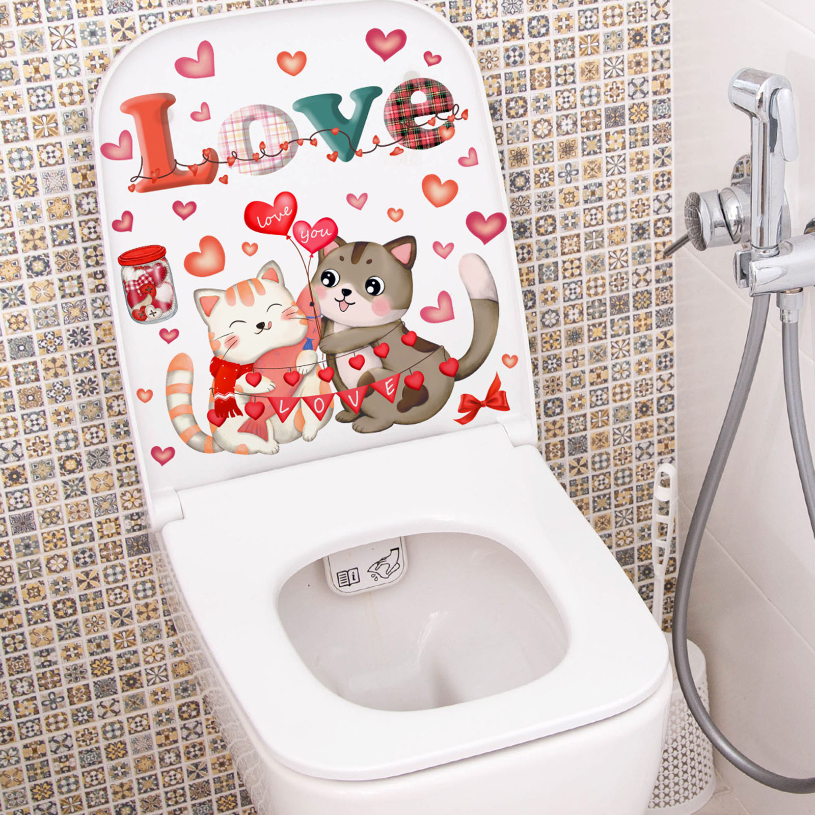 Valentines Day English LOVE Cartoon Cat Love Toilet Stickers Bathroom ...