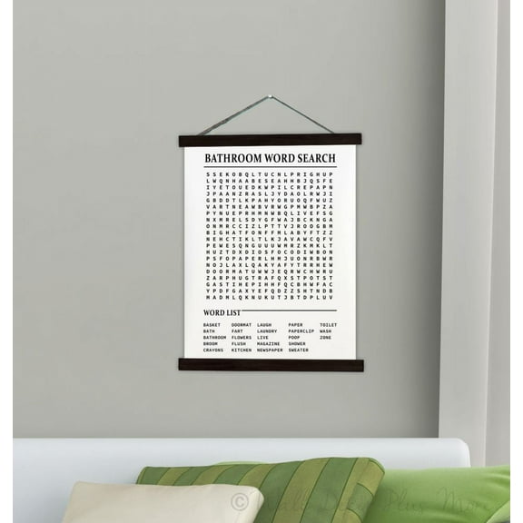 Black Wood, Canvas Sign, Bathroom Word Search Puzzle Fun Décor Print, Lightweight Ready to Hang Wall Hanging, 19x24-Inch