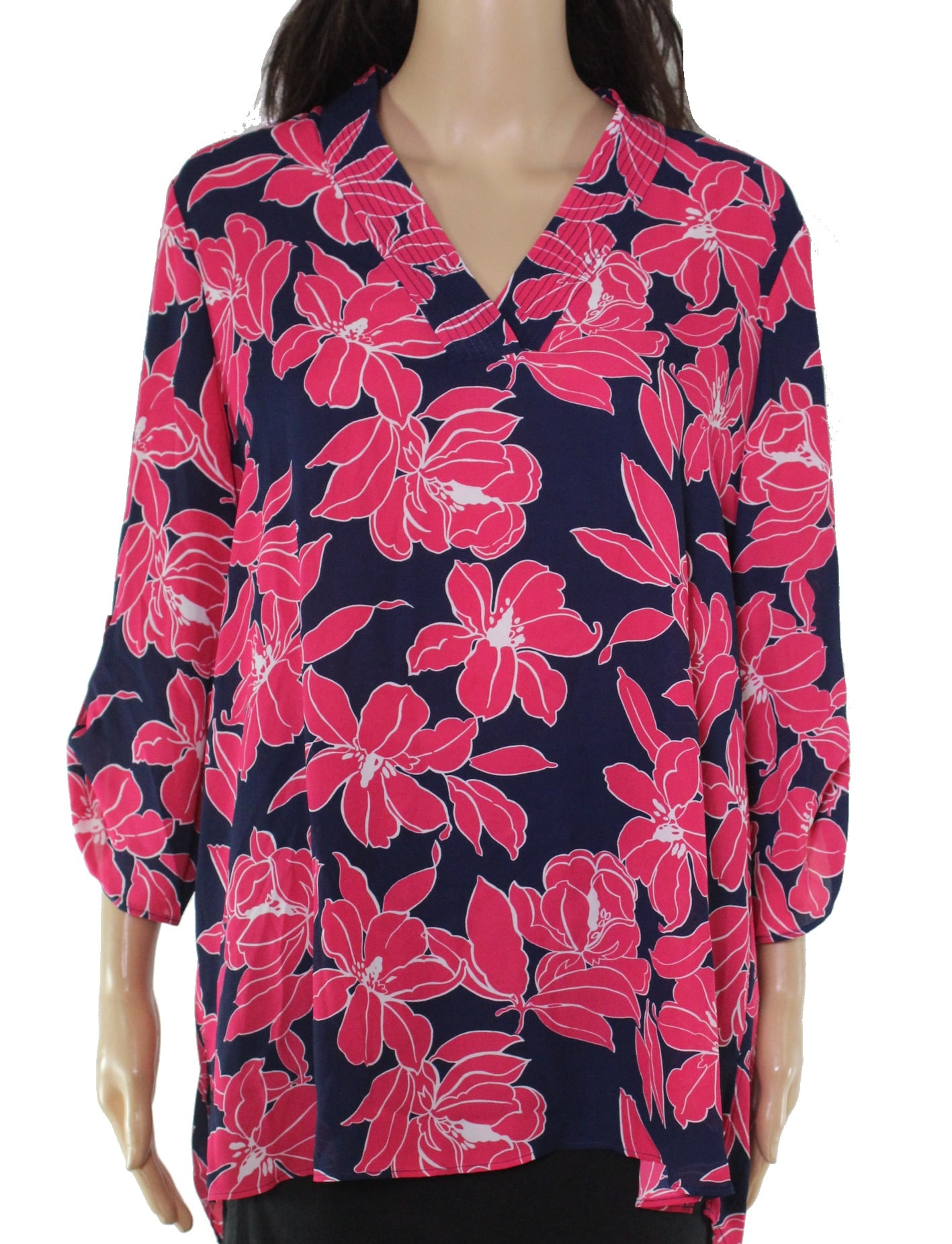 Chaus Tops & Blouses Womens Blouse Large V Neck Roll Tab Floral Print