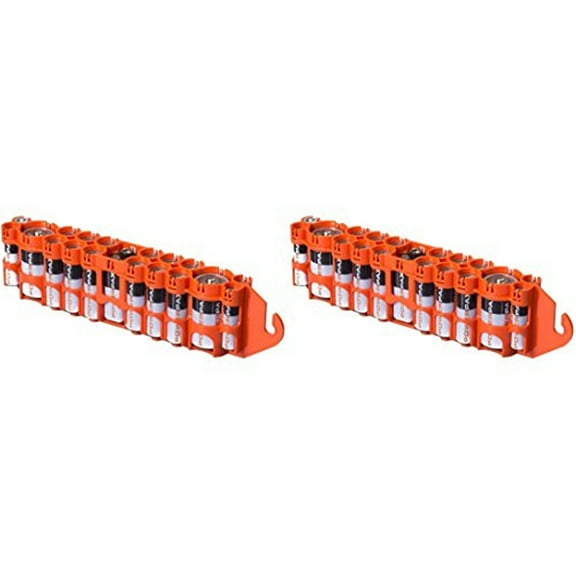 2 x Powerpax Slim Line "PBC" Battery Caddy, Orange - Each Holds 12 "AA" 4 "AAA" 2 "C" 1 "9V" Batteries